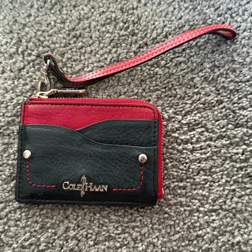 Cole Haan Black/Red Wristlet Card Keeper Zip Wallet. Silver Hardware. 4”x3”x.5” - Picture 2 of 11